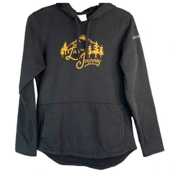 COLUMBIA Graphic Hoodie Black Mustard Yellow Live The Journey Sweatshirt Size XS - Picture 2 of 12